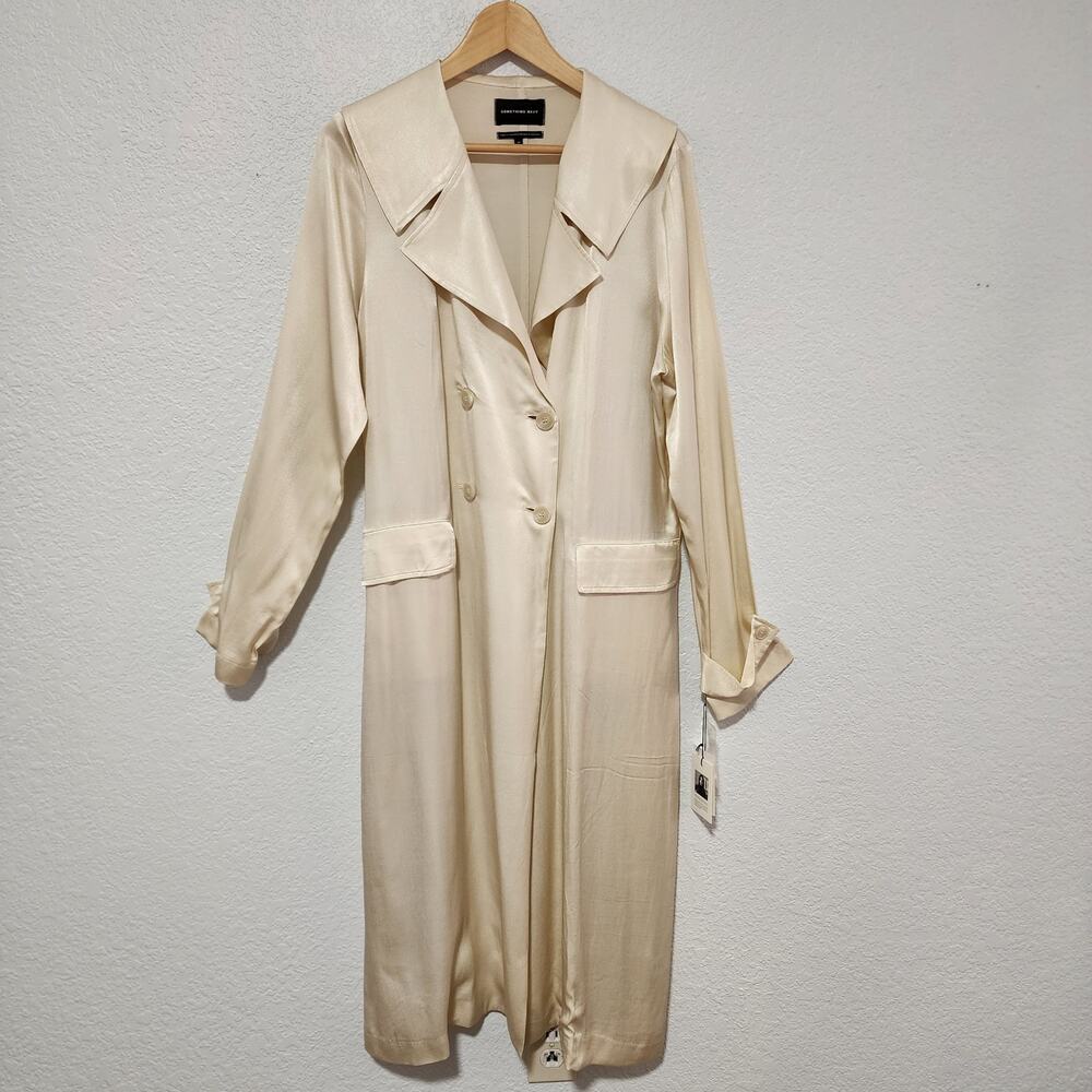 Something Navy Satin Duster Trench Coat Cream Ivory Double Breasted Medium NWT